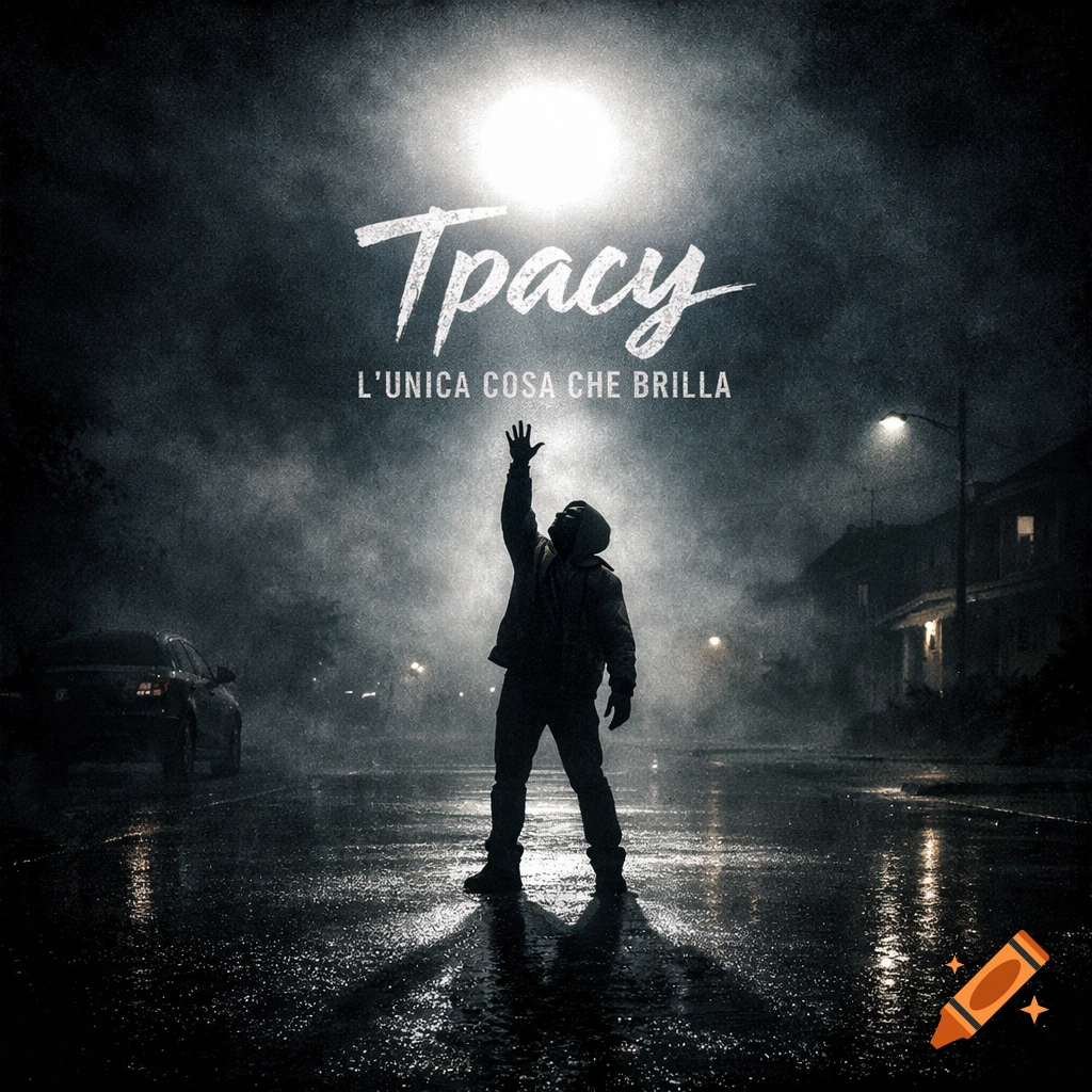 A person's silhouette on a wet, foggy street reaches for a glowing orb of light with text 'Tpacy' and 'L'unica cosa che brilla'.