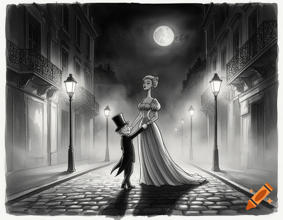 Black and white drawing of a small man holding a tall woman's arm on a cobblestone street at night, with streetlights and a full moon.
