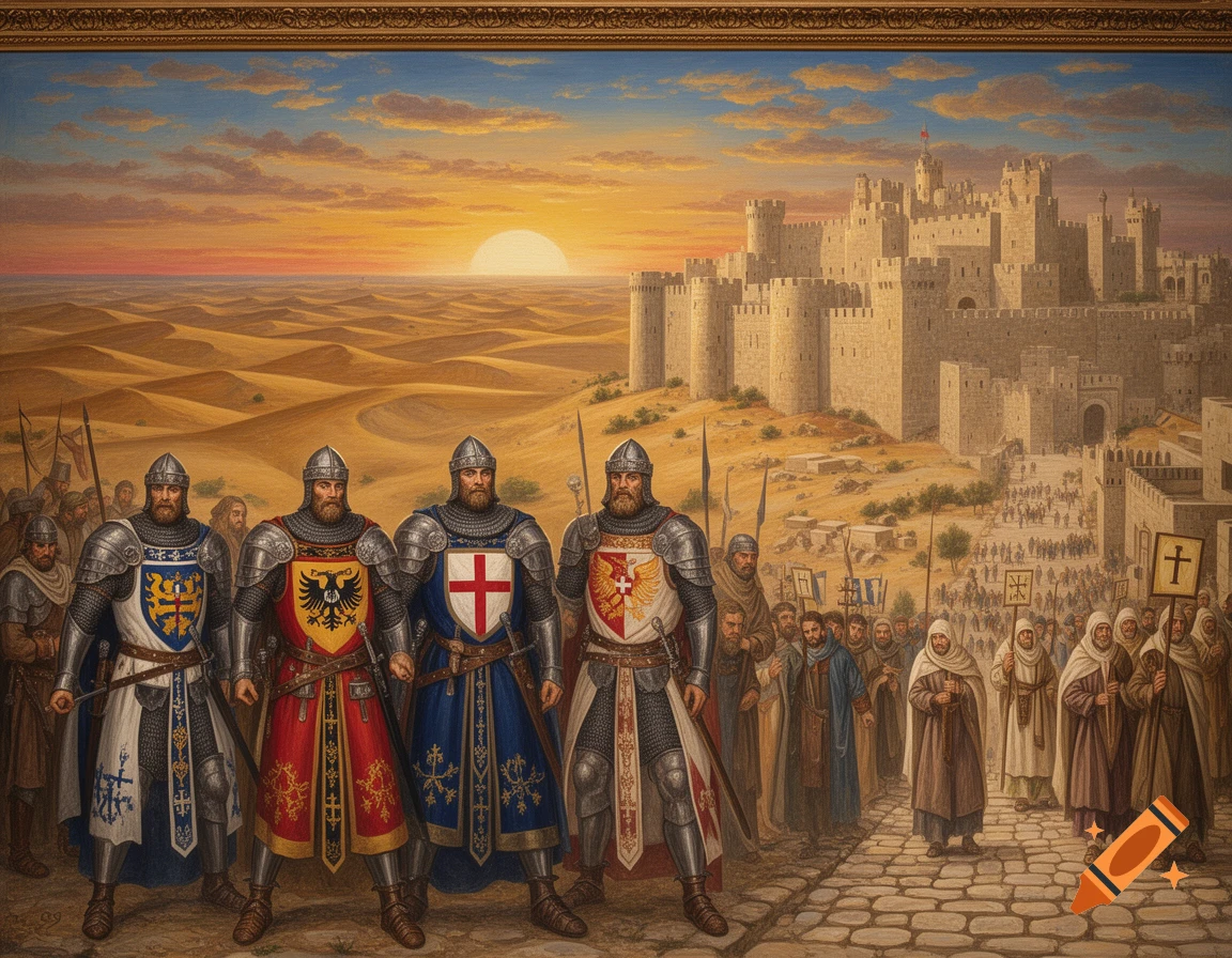 A painting depicts crusaders and a marching crowd approaching a large desert castle under a sunset, evoking the Third Crusade.
