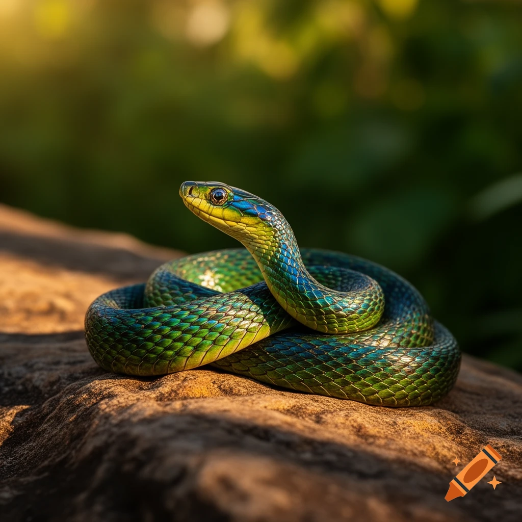 A vibrant green and blue snake with yellow markings coiled on a sunlit rock, looking to the left, with a blurred green background.