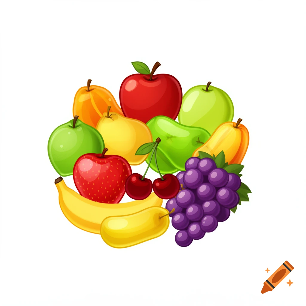 A cute, colorful, and glossy bundle of various fruits including apples, pears, bananas, cherries, and grapes, arranged in a circular shape.