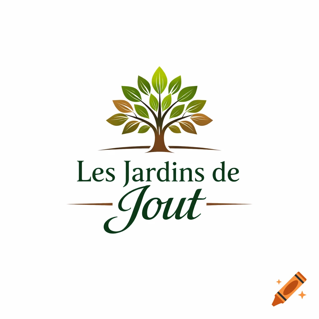 Logo for Les Jardins de Jout, featuring a stylized tree with green and brown leaves above the text.