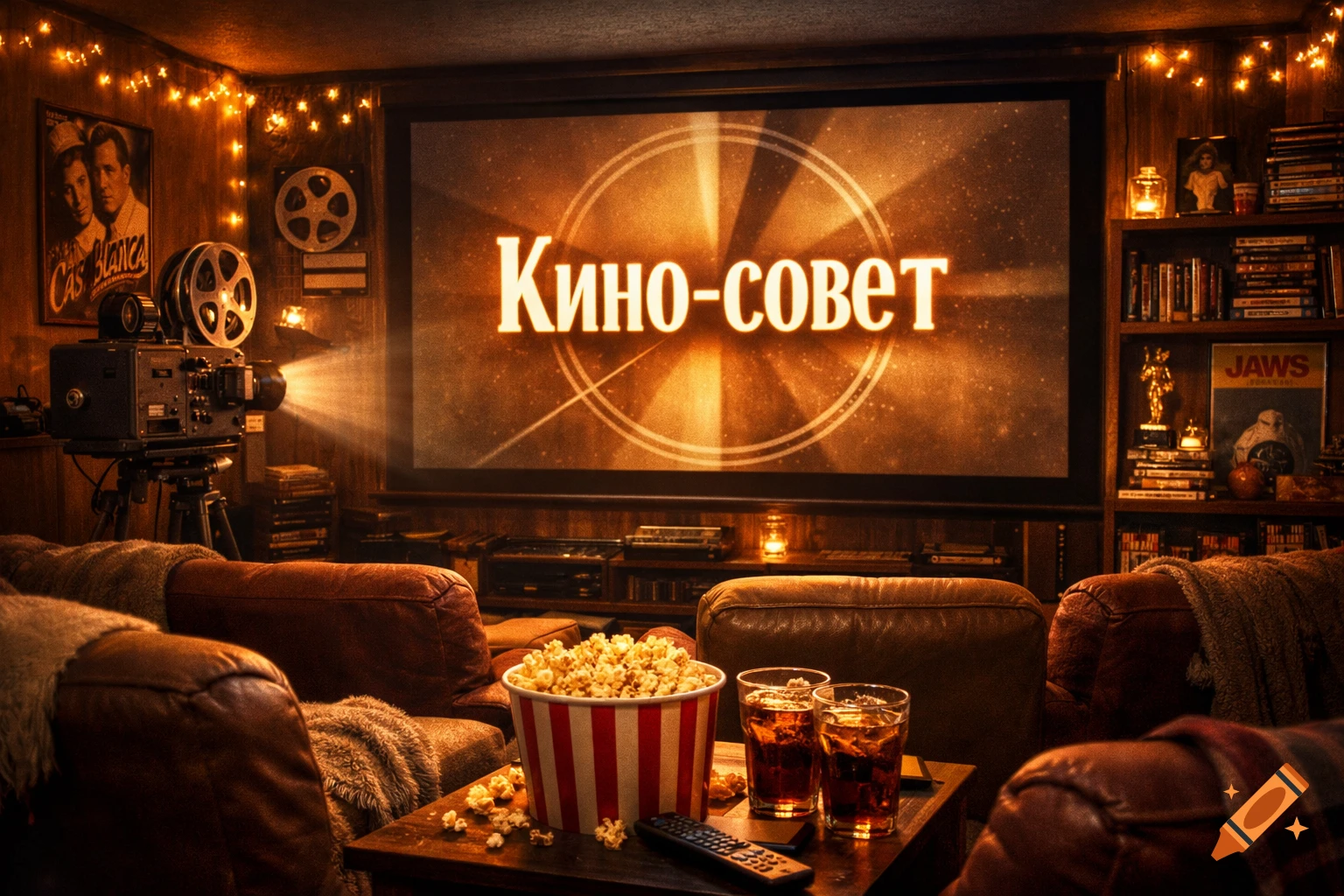 Cozy home theater with a projector displaying "Кино-совет", popcorn, drinks, and film reels, creating a vintage movie night atmosphere.