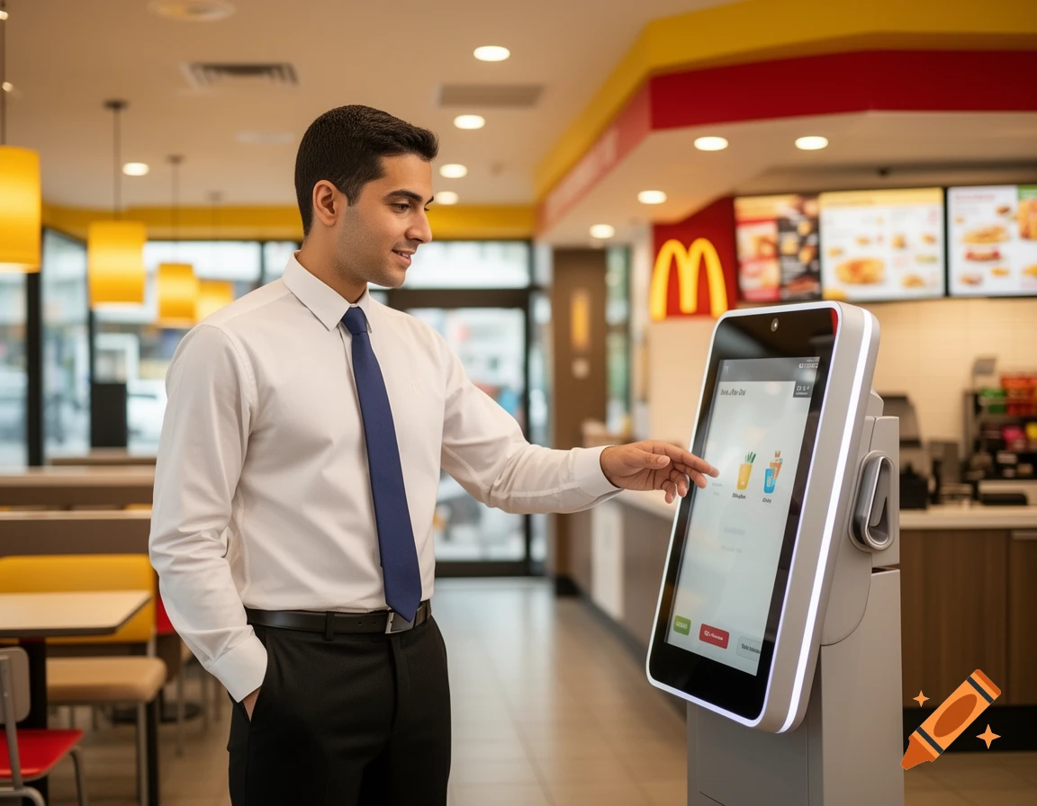 A friendly male McDonald's employee helps a customer at a touchscreen self-ordering kiosk inside a bright, modern restaurant.