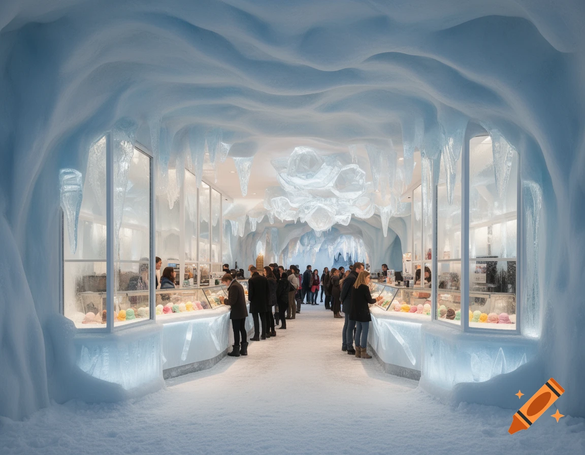 A bustling ice cream shop designed like a frozen ice cave, with customers browsing colorful treats.