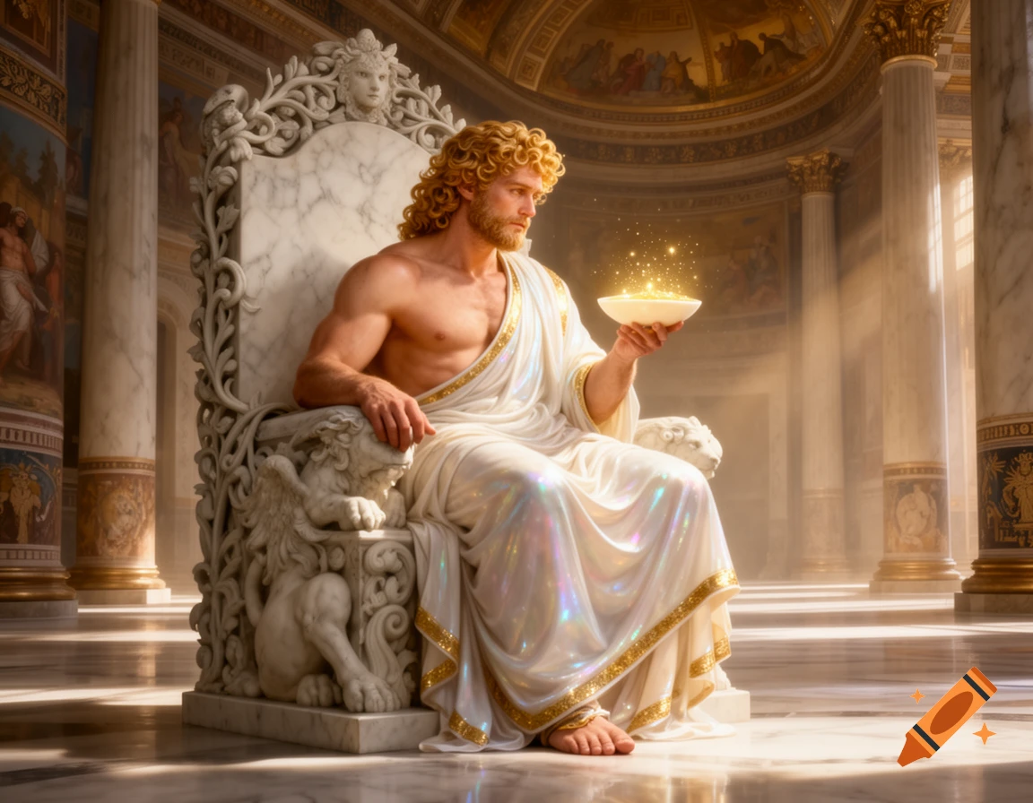 A muscular man resembling a Greek god sits on a white marble throne in a grand temple, holding a bowl with glowing particles.