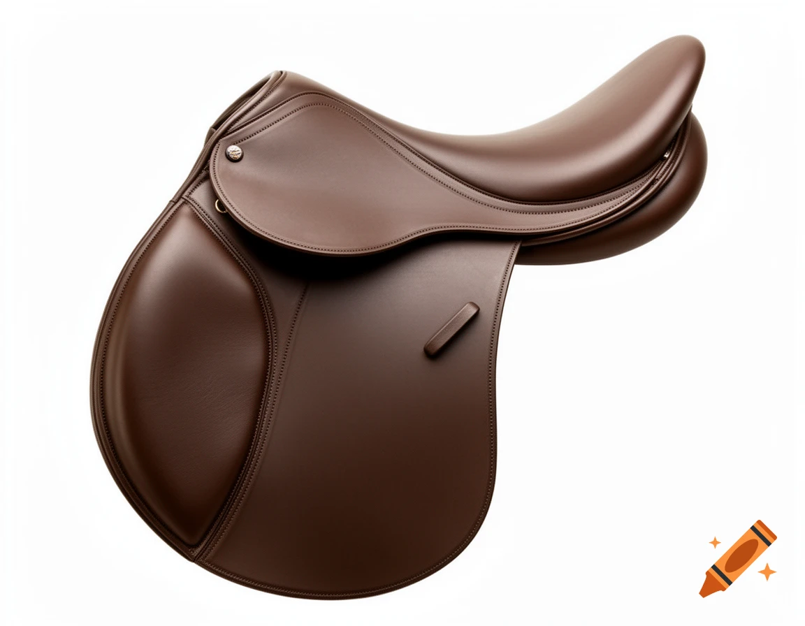 A close-up view of a new brown leather horse saddle with subtle stitching, presented against a clean white background.
