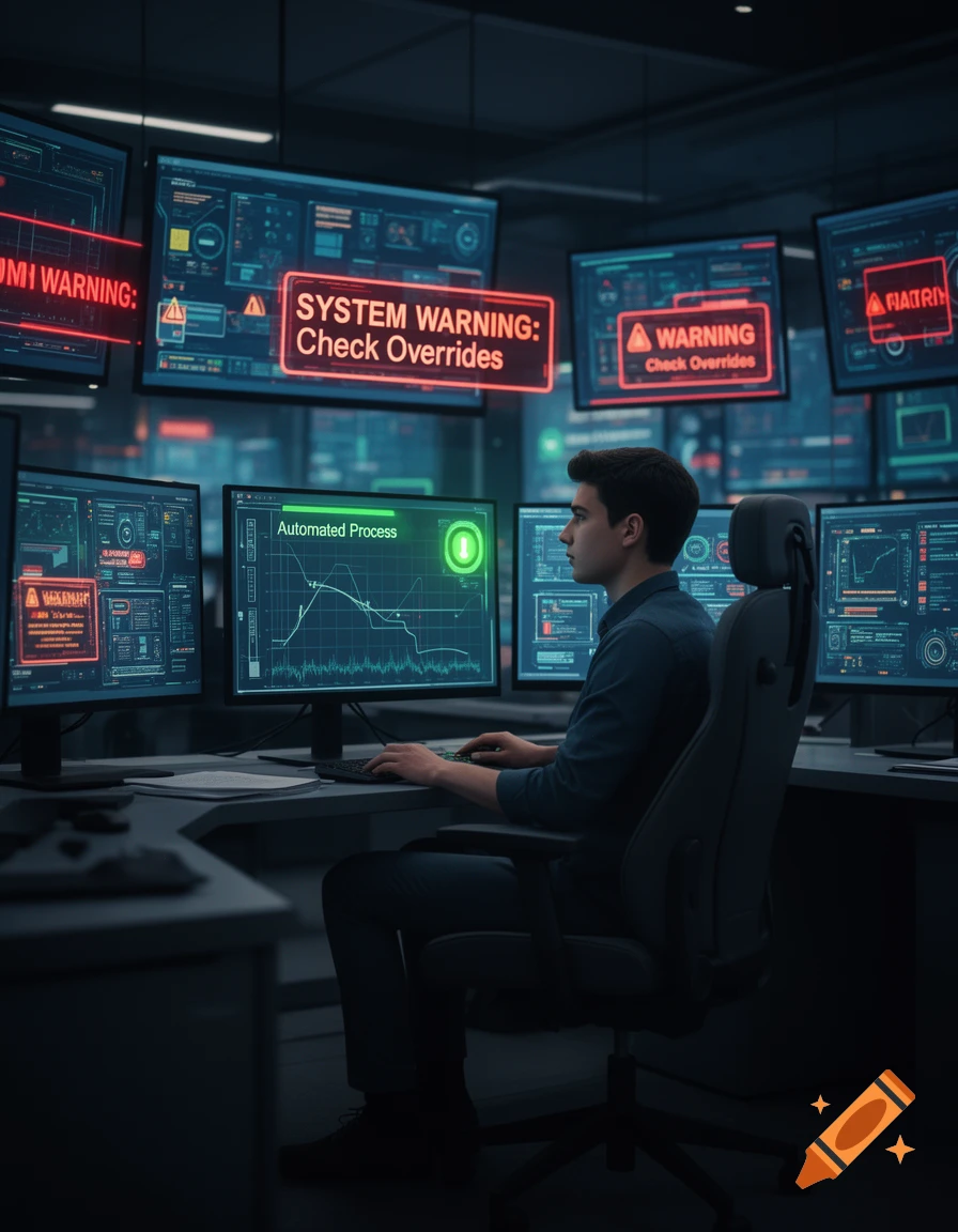 A man at a desk in a dark control room, surrounded by multiple glowing screens displaying charts, data, and red warning messages.