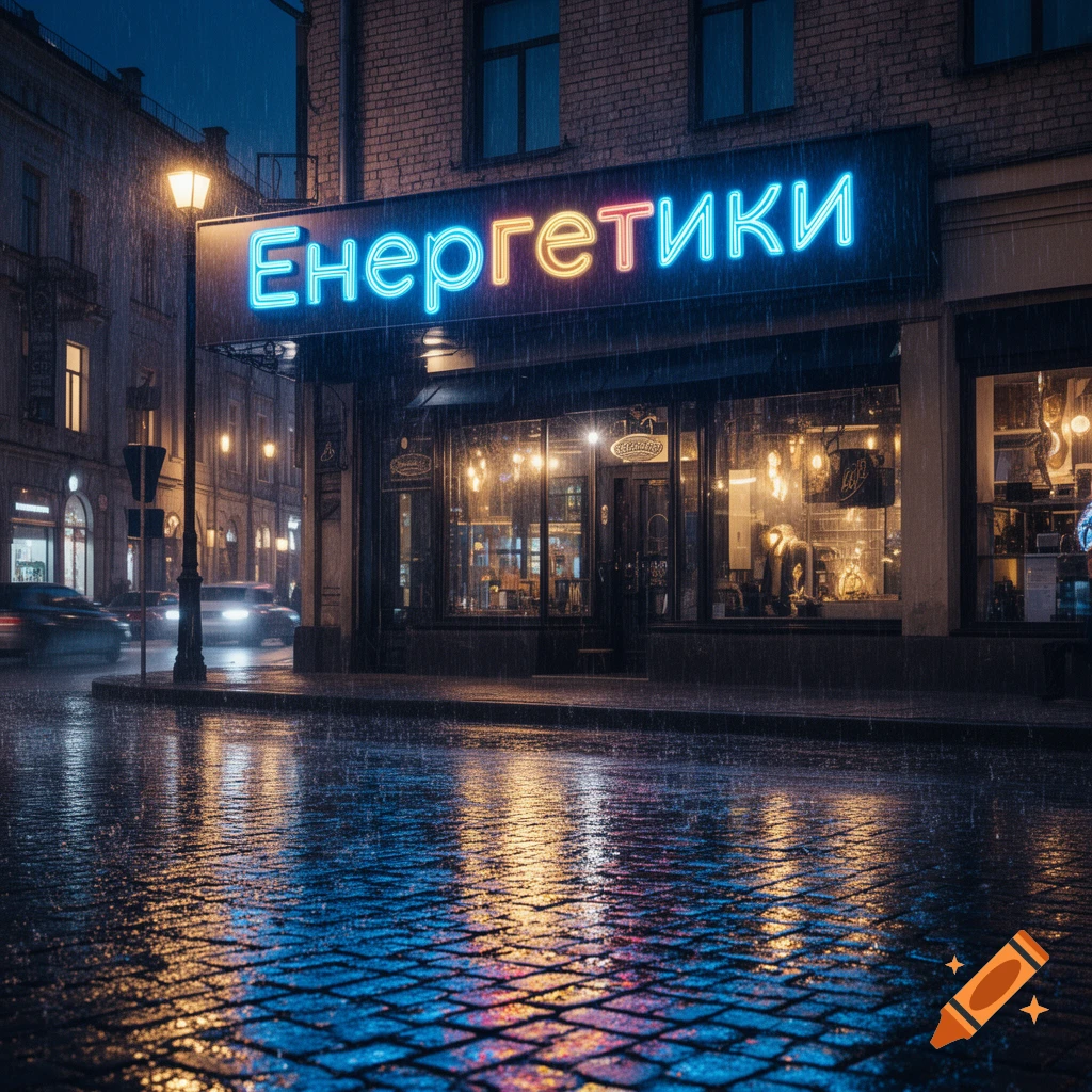 A neon sign "Енергетики" illuminates a rainy city street at night, with colorful reflections on wet cobblestones.