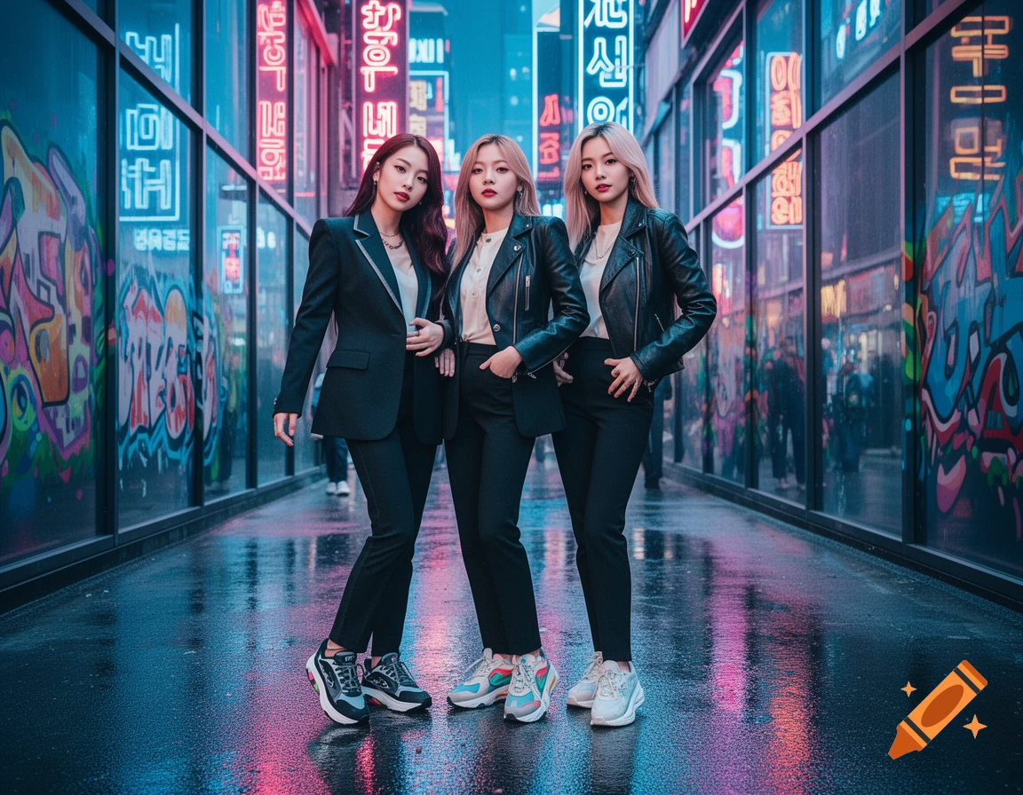 Three women in stylish dark outfits pose on a wet, neon-lit cyberpunk street with graffiti on the walls.