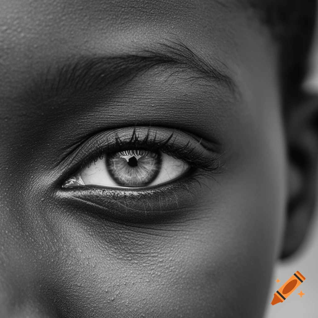 Close-up of a monochrome eye with detailed iris and eyelashes.