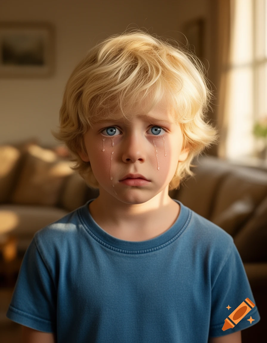 Photorealistic portrait of a young blond boy with blue eyes crying, tears streaming down his face, indoors.