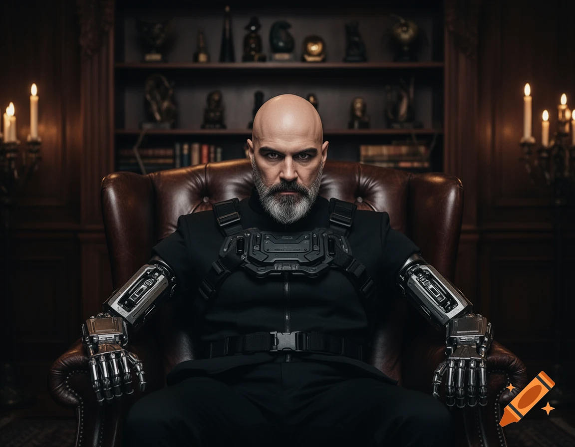 A bald, bearded man with cybernetic arm prosthetics, wearing a dark suit, sits sternly in a leather chair in a dimly lit study.