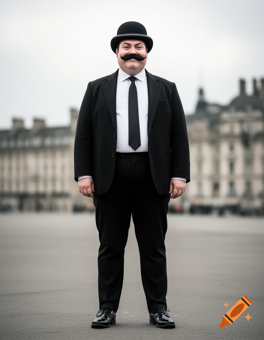 A portly man in a black suit, white shirt, black tie, bowler hat, and a bushy black mustache stands with a smug expression.