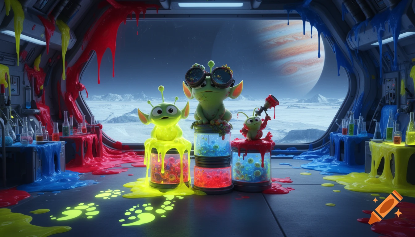 Three mischievous Pixar-style alien creatures in a messy sci-fi lab with a view of Jupiter, covered in colorful slime.