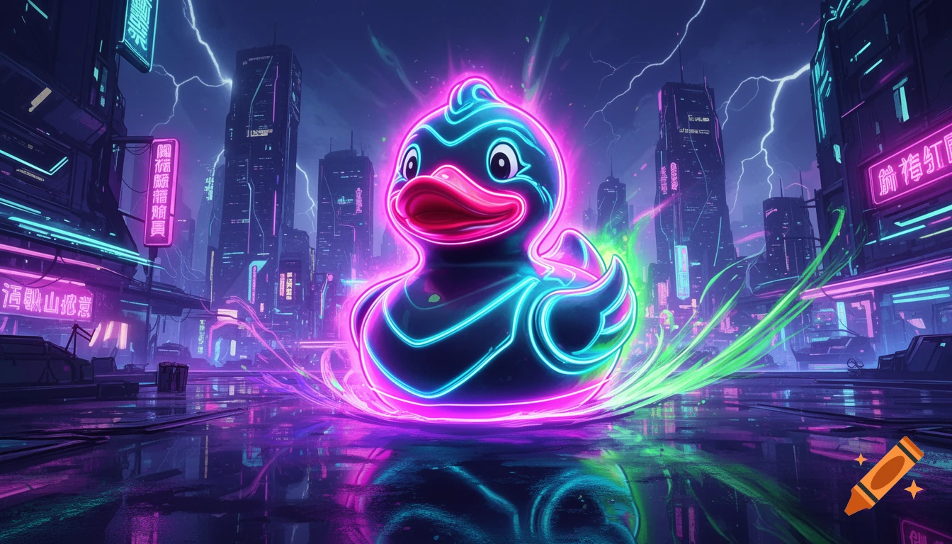 A heroic, glowing neon rubber duck in a vibrant cyberpunk city with lightning and wet reflections, in an ultra stylized cartoon.