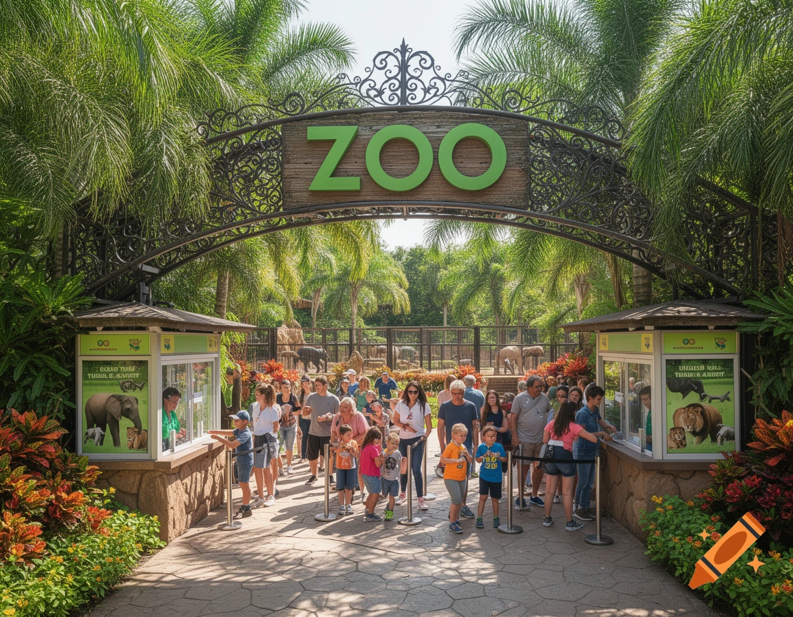 A busy photorealistic scene at the entrance of a zoo, featuring a large arched sign with "ZOO" in green letters, and many people queuing at ticket booths framed by lush tropical foliage.