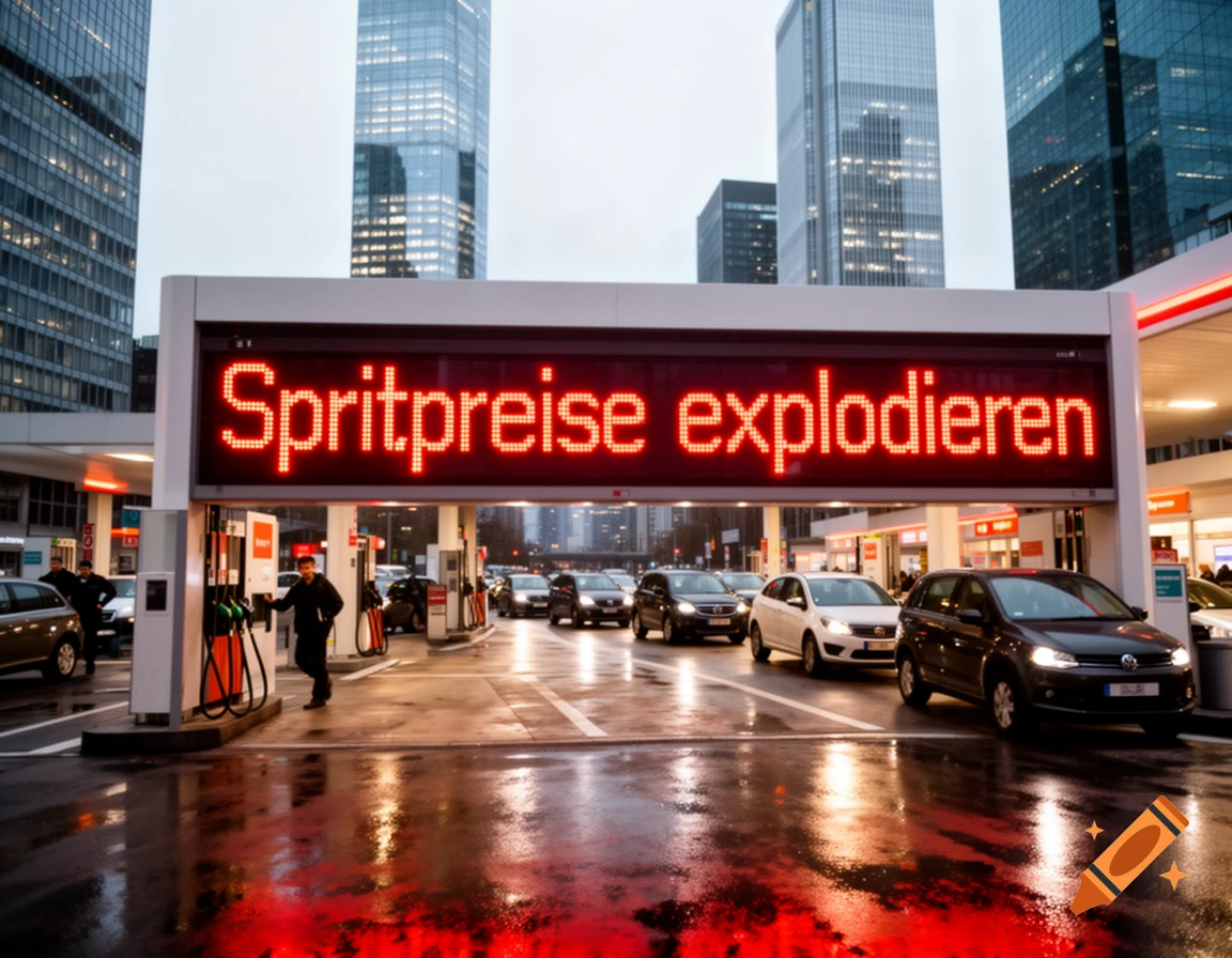 A bustling gas station in a city with cars and people, a large red LED sign overhead reads 'Spritpreise explodieren'.