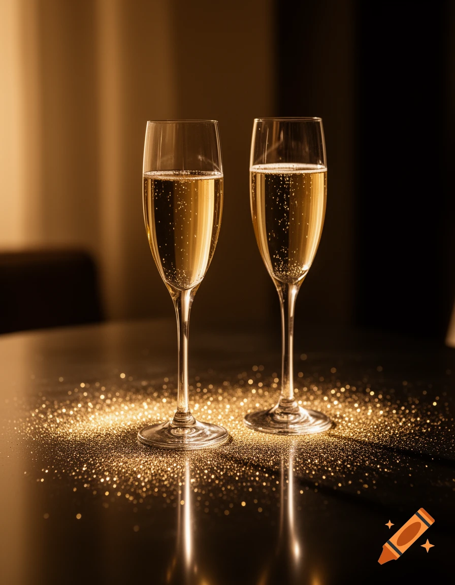 Two champagne glasses filled with sparkling wine stand on a glitter-covered surface under warm light.