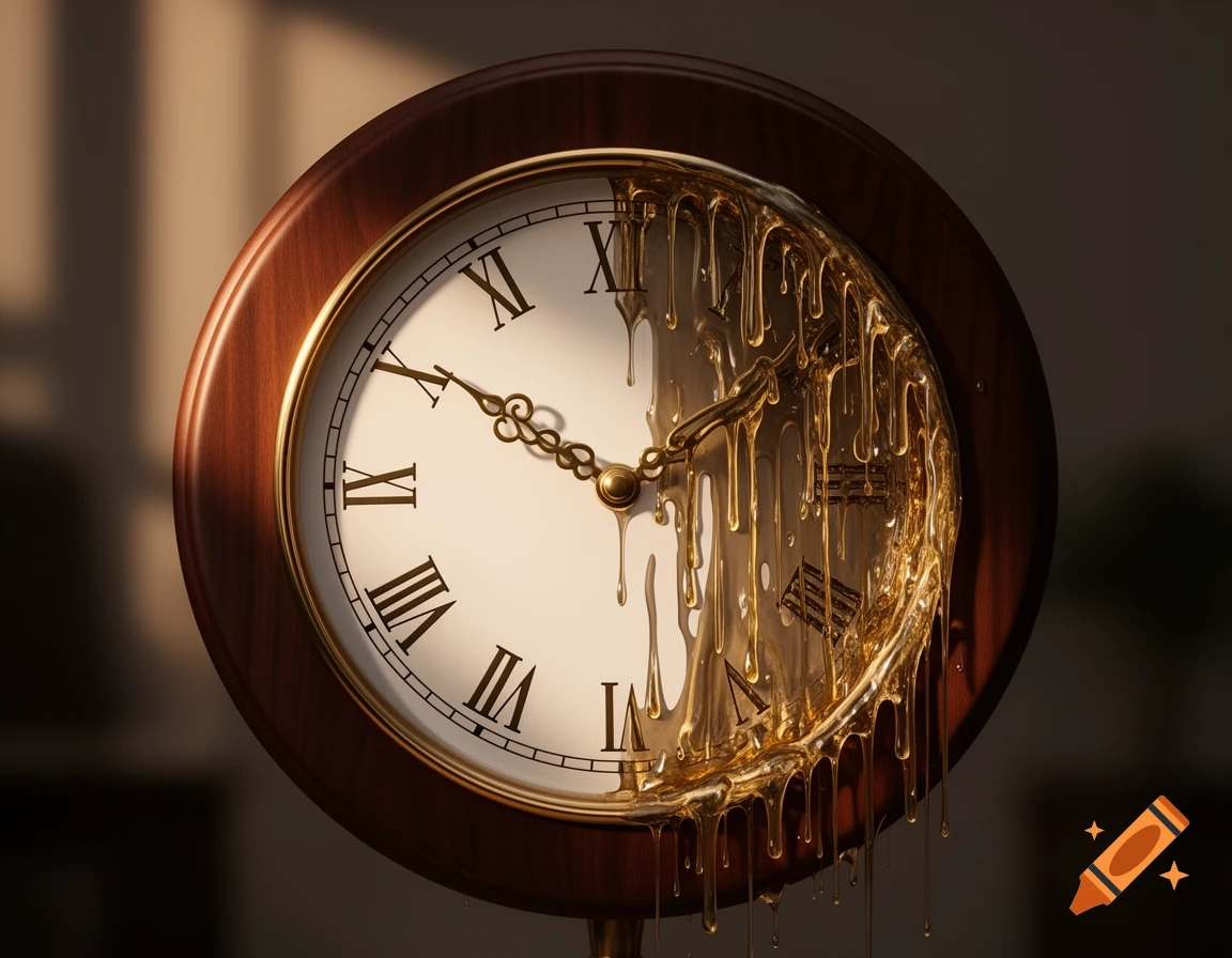 A close-up of a wooden-framed clock with Roman numerals, where the right side of the clock face is melting into a golden, viscous liquid.