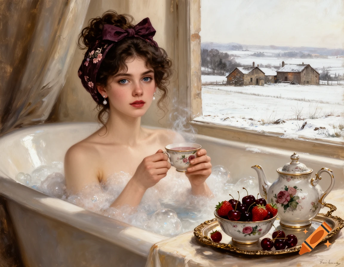 Oil painting of a young woman in a bubble bath, holding a teacup. A tea set and fruit are nearby, with a snowy landscape outside.