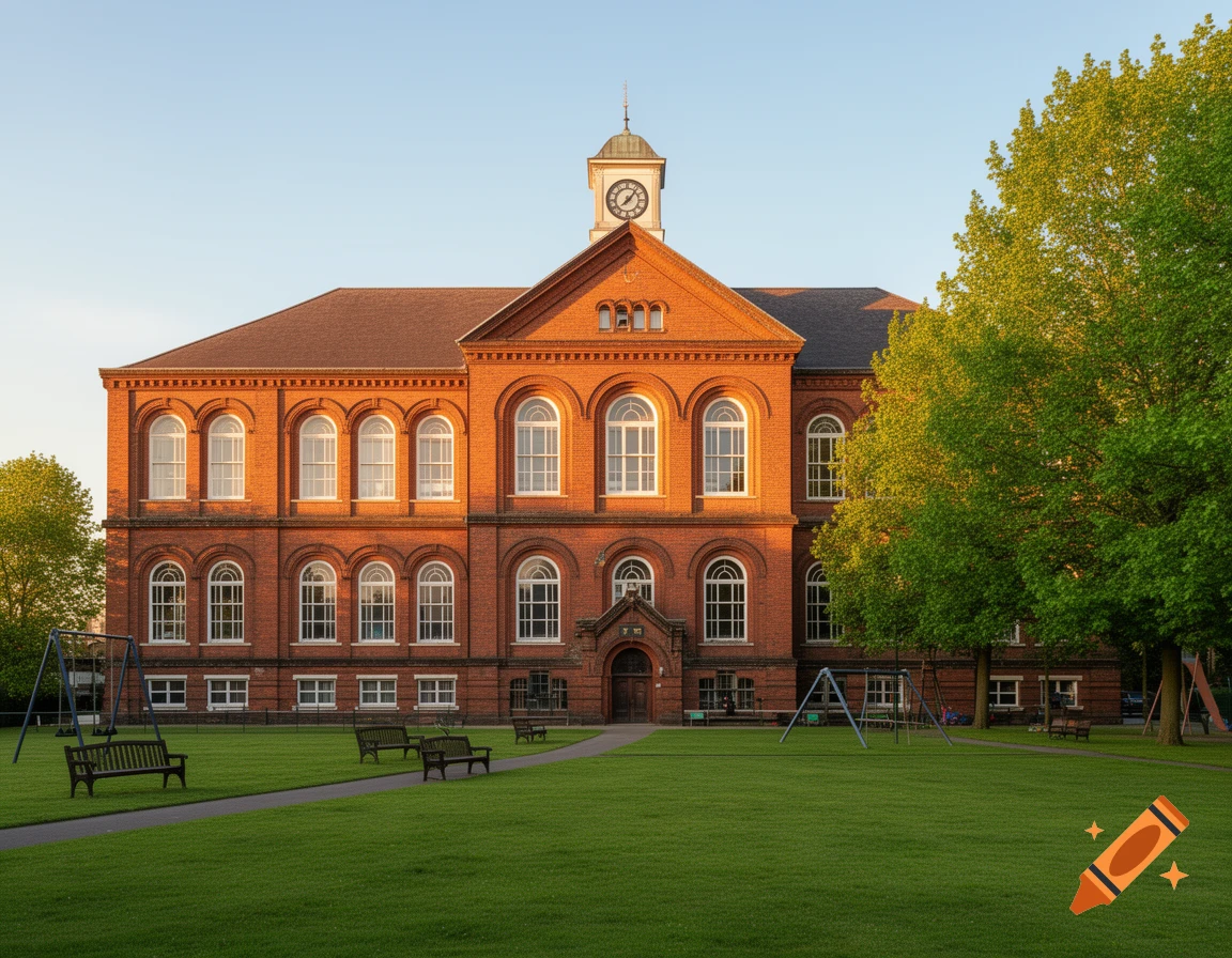 Photorealistic image of a red brick school building with a clock tower, green lawn, benches, and trees under a clear sky.