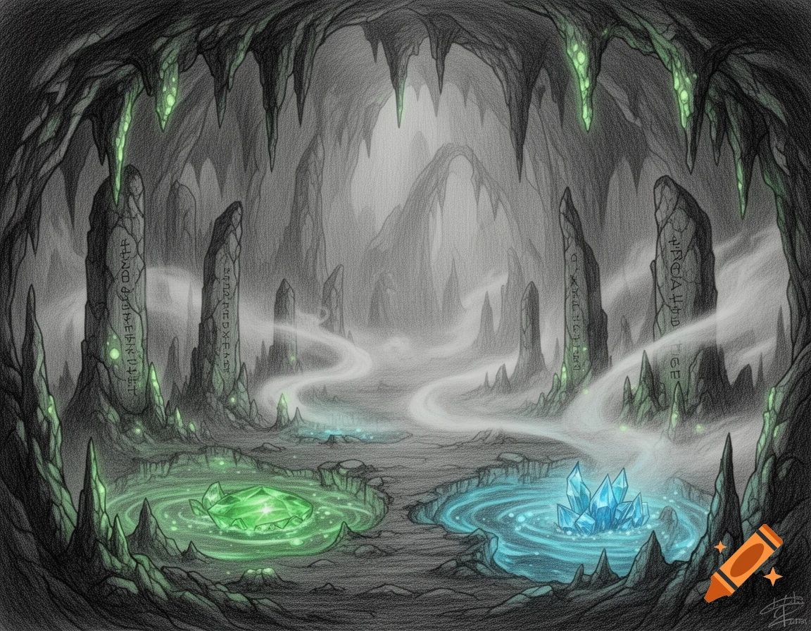 Fantasy sketch of a cave with glowing green and blue crystals, ancient runes on stone pillars, and mystical mist.