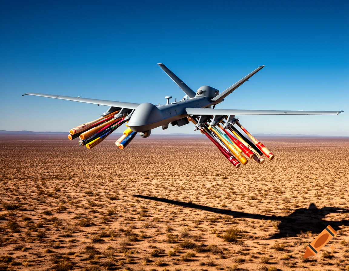 Photorealistic image of a military drone flying over a desert, armed with colorful baseball bats instead of missiles.