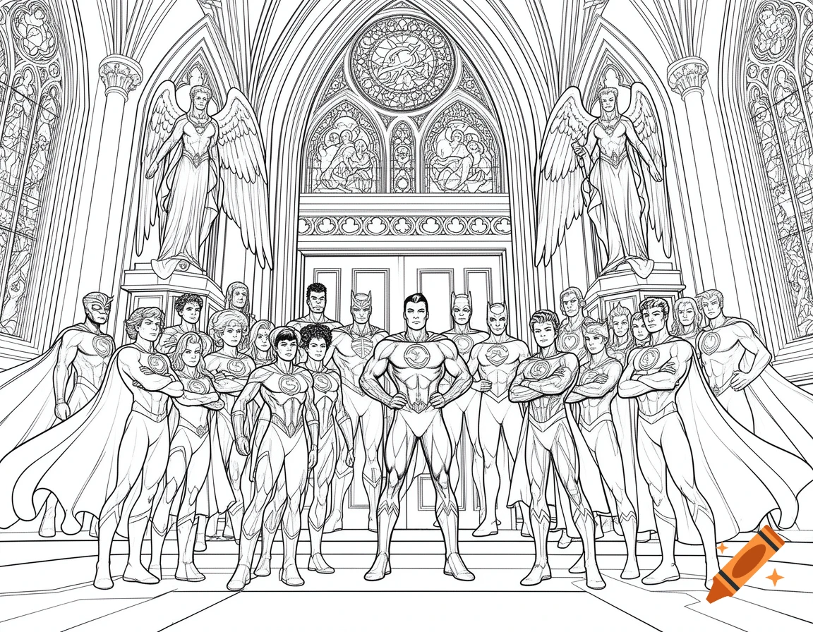Line art coloring page of numerous superheroes posing in front of a grand church with gothic architecture and stained glass windows.
