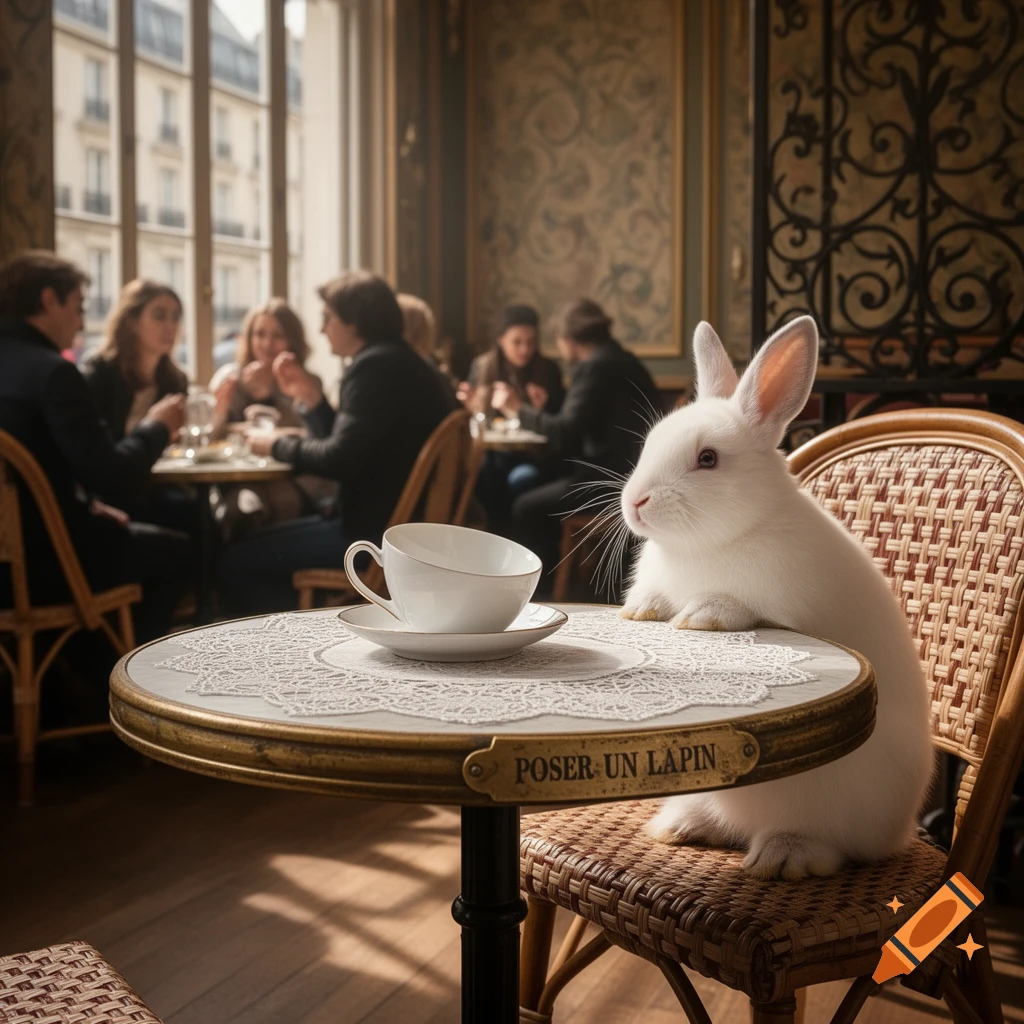 A photorealistic image of a white rabbit sitting at a cafe table with a teacup, a plaque reads "POSER UN LAPIN".