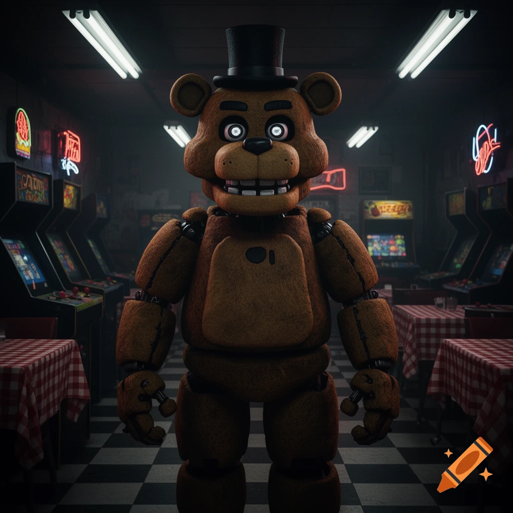 An animatronic Freddy Fazbear stands in the middle of a dimly lit arcade, surrounded by vintage arcade machines and tables with checkered tablecloths.
