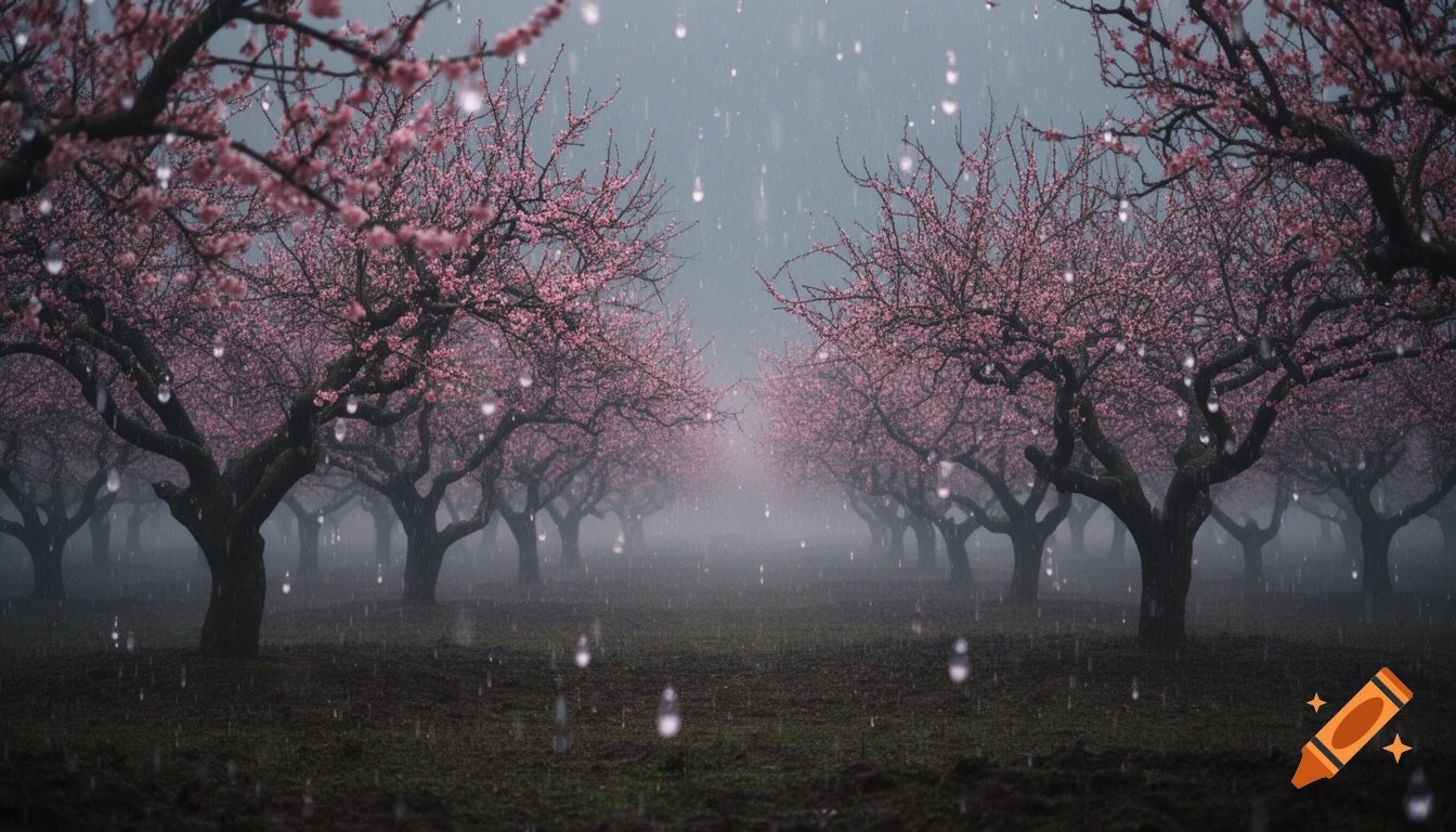 Photorealistic image of a misty orchard with pink cherry blossom trees in gentle rain, bokeh raindrops falling, creating a dark, serene atmosphere.