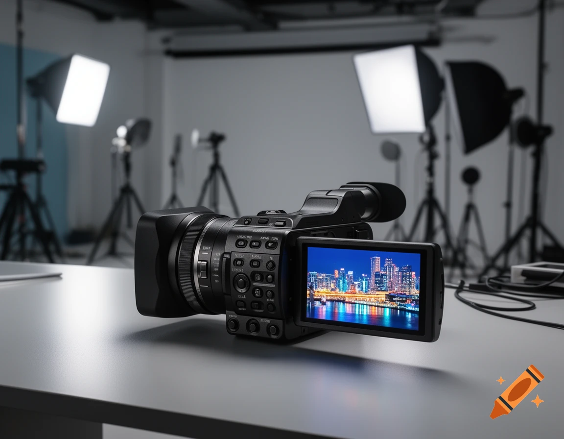 A black video camera with a screen displaying a city skyline on a table in a brightly lit studio with light stands.