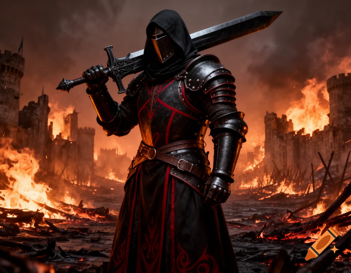 A cloaked knight in black and red armor holding a large sword, standing in a burning medieval battleground with castle ruins.