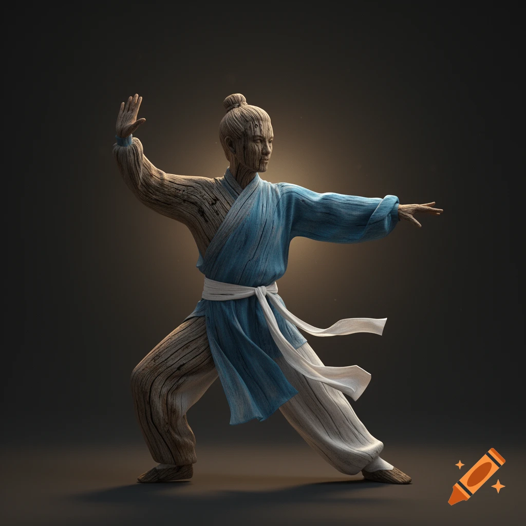 A 3D render of a figure in a tai chi pose, half made of wood and half dressed in blue and white fabric.