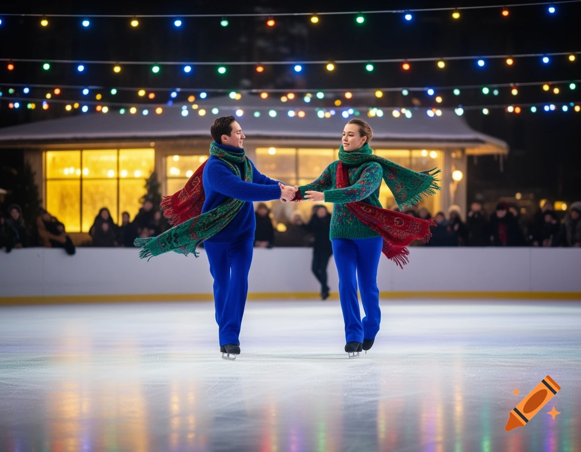 Two people in winter attire ice skating on a rink illuminated by colorful string lights at night.