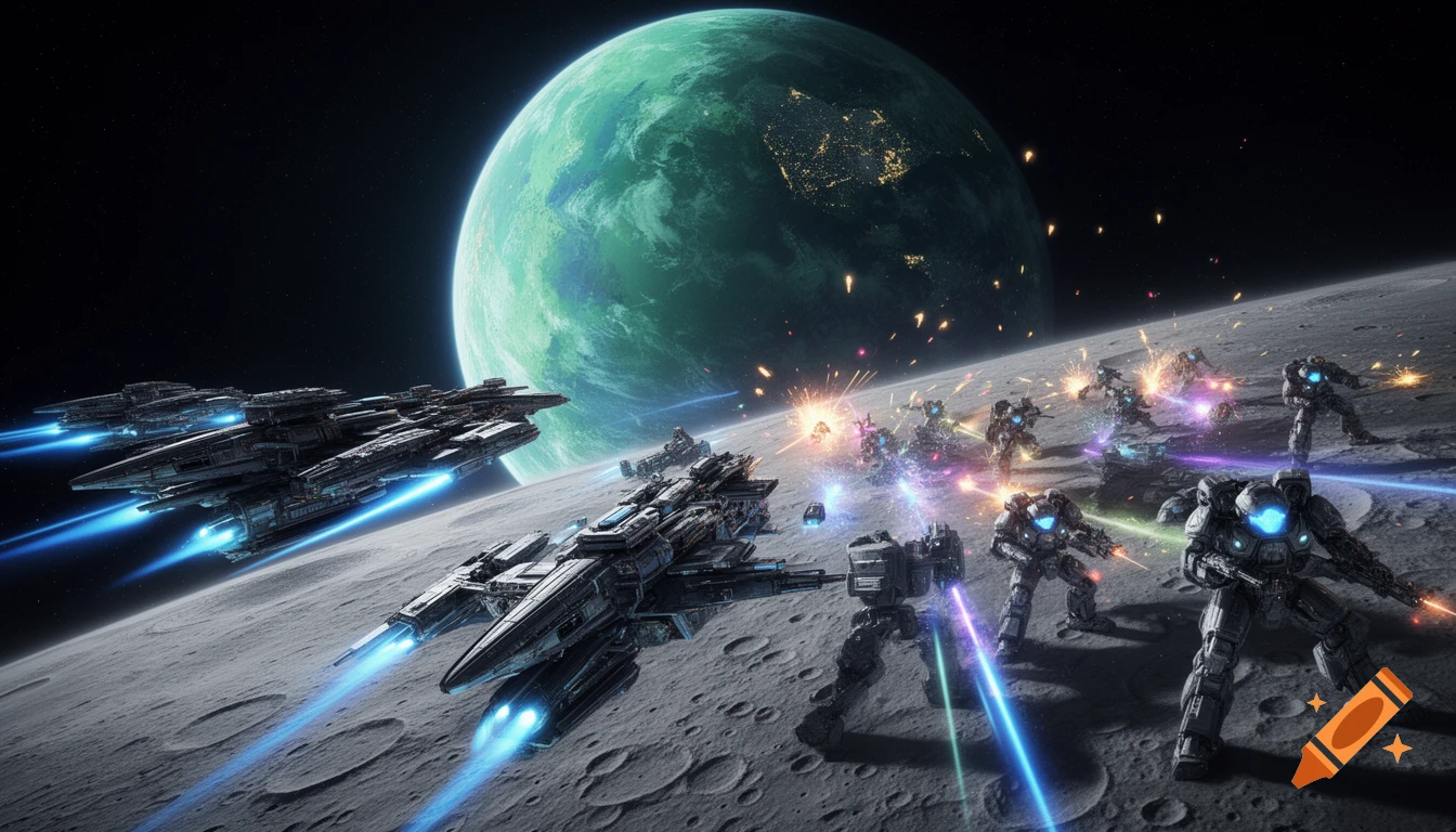 A futuristic space battle on a moon's surface, featuring spaceships and mechs exchanging laser fire, with a large green planet in the background.