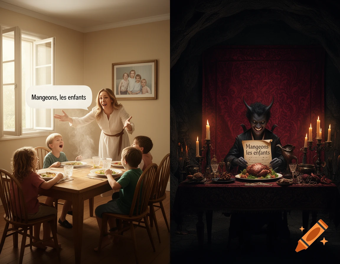 Two side-by-side images. The left shows a happy mother inviting her children to eat at a dining table, with text saying 'Let's eat, children.' The right shows a smiling demon at a candlelit table, holding a scroll that says 'Let's eat the children.'