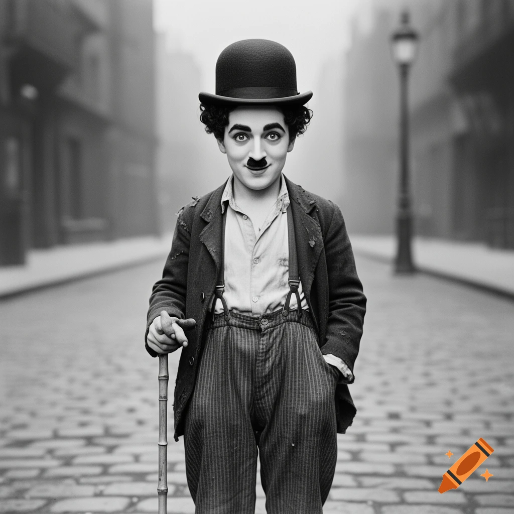 A black and white portrait of a child dressed as Charlie Chaplin, standing on a cobblestone street, holding a cane and smiling.