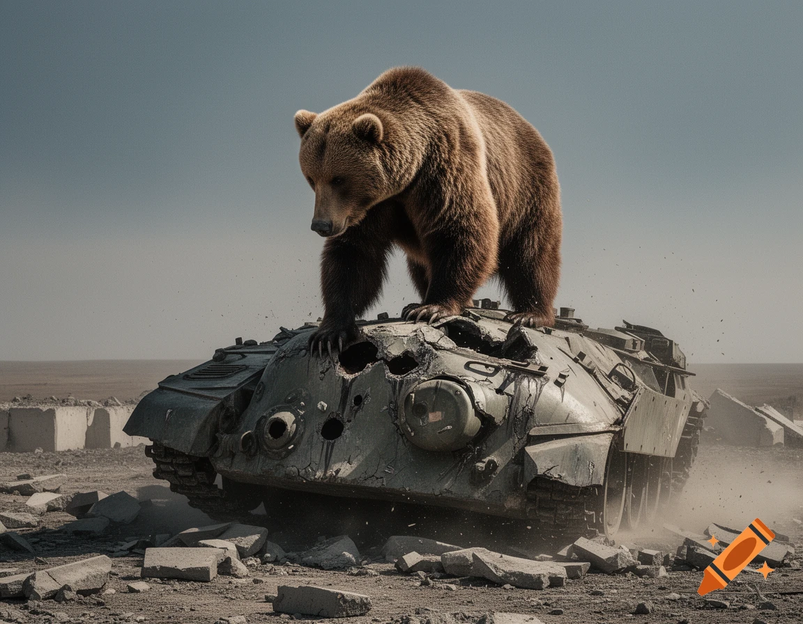 A large brown bear stands on a destroyed tank in a desolate, dusty landscape with rubble, photorealistic.