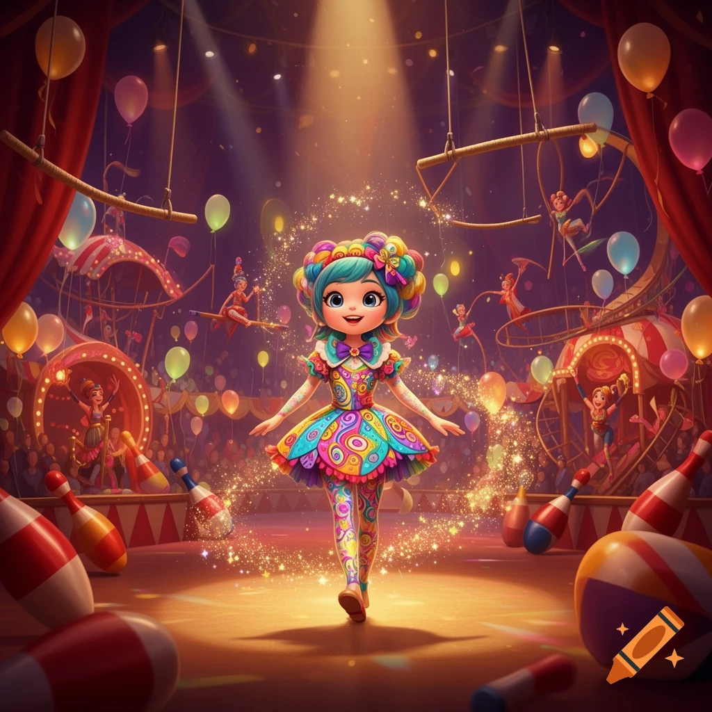 Vibrant cartoon girl in a colorful dress walks on a sparkling circus stage with acrobats and balloons in the background, digital art.