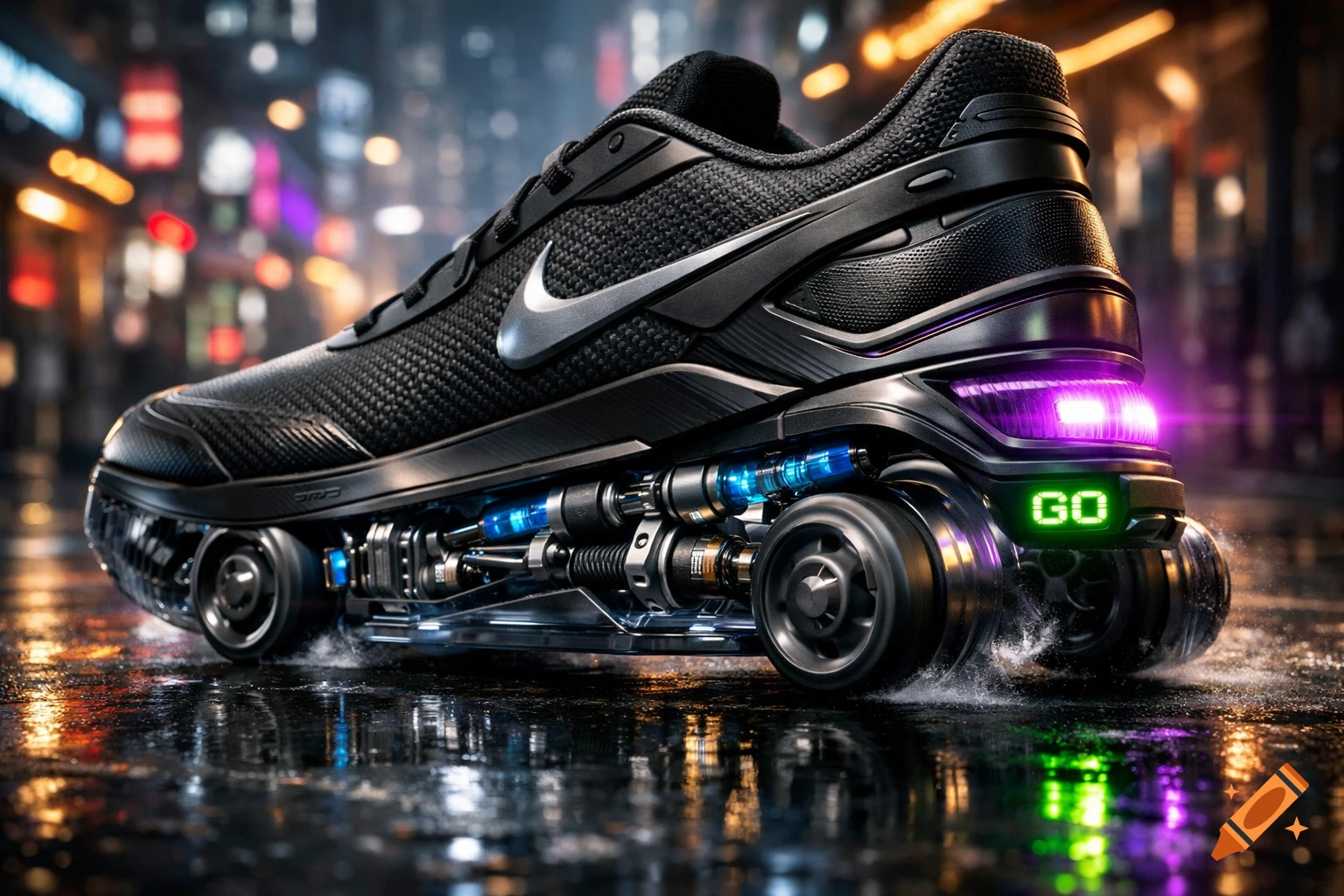 Ultra-realistic futuristic black Nike sneaker with wheels and glowing 'GO' on a wet cyberpunk street.