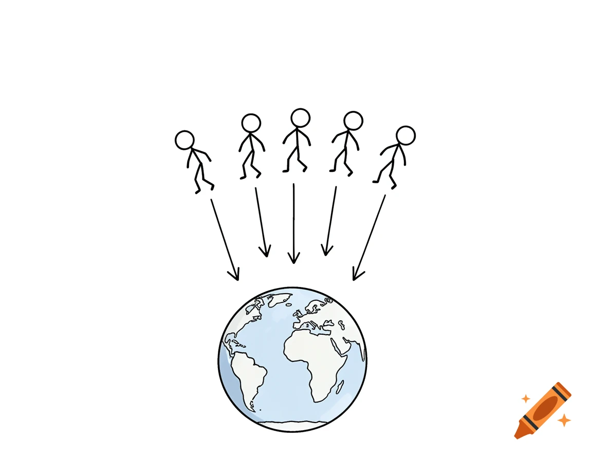 A minimalist stick figure drawing showing five stick figures and arrows pointing down towards a simplified Earth.