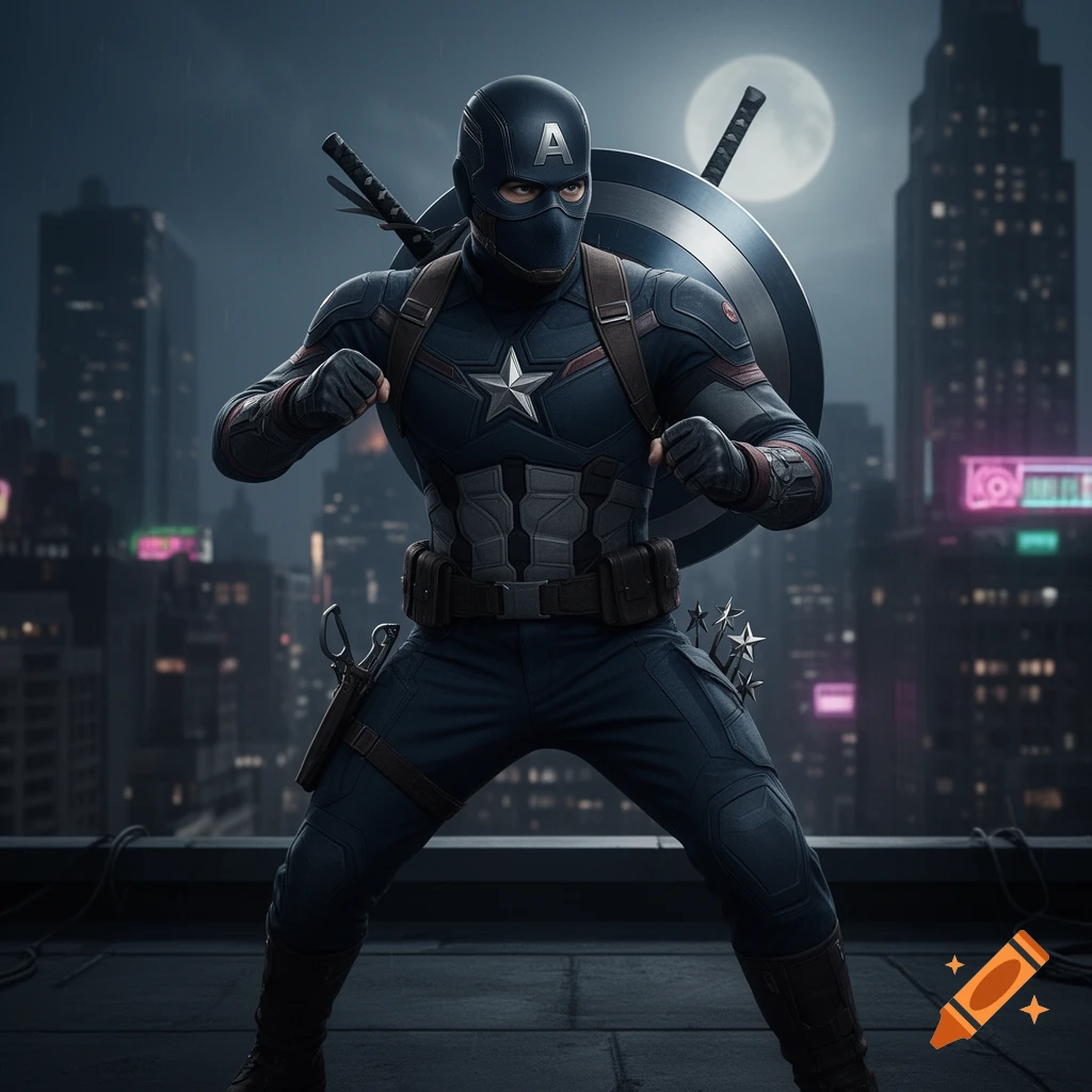Ninja Captain America in a dark suit with shield and katanas stands on a city rooftop at night, full moon in background.