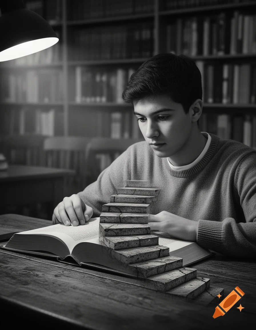 A young man studies at a wooden desk in a black and white library, intently looking at an open book with pages transforming into a stone staircase.