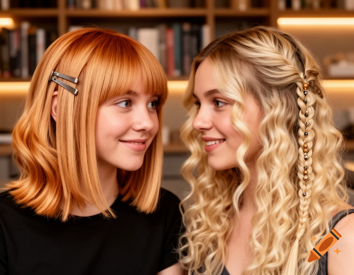 Two smiling young women with different hairstyles face each other. One has short reddish-blonde hair with clips; the other has long blonde curls with braided beads.