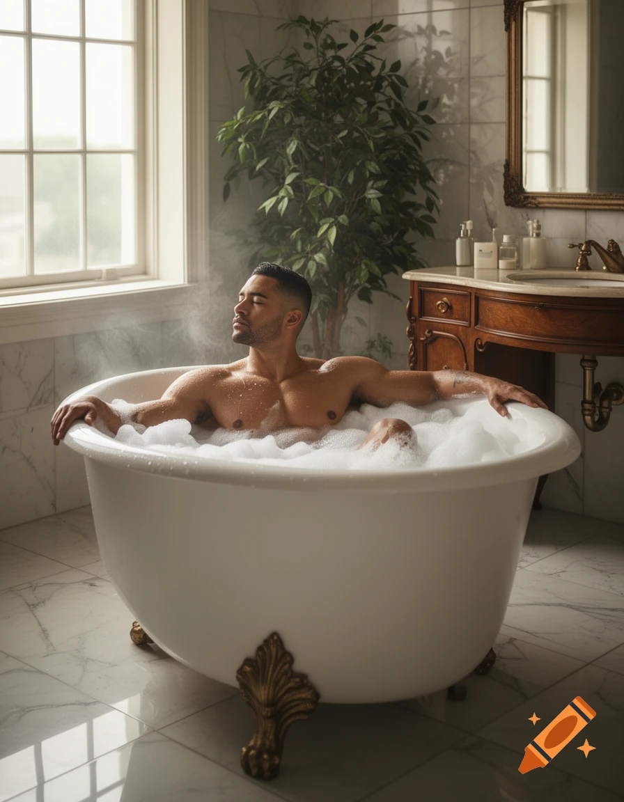 A muscular Hispanic man relaxes with eyes closed in a luxurious bubble bath, surrounded by steam.