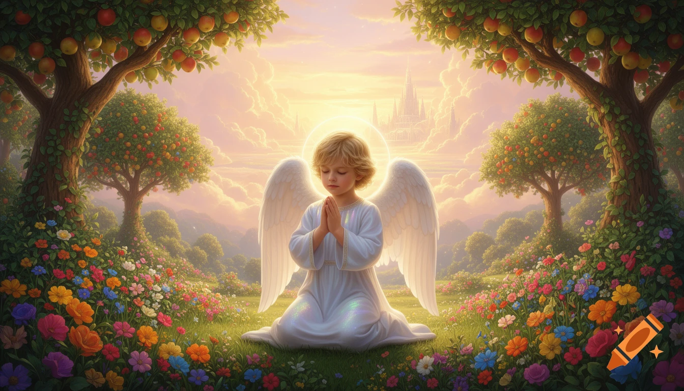 A young angelic boy with a halo and wings kneels in prayer in a vibrant, flower-filled garden under a golden, cloud-filled sky with a distant castle.