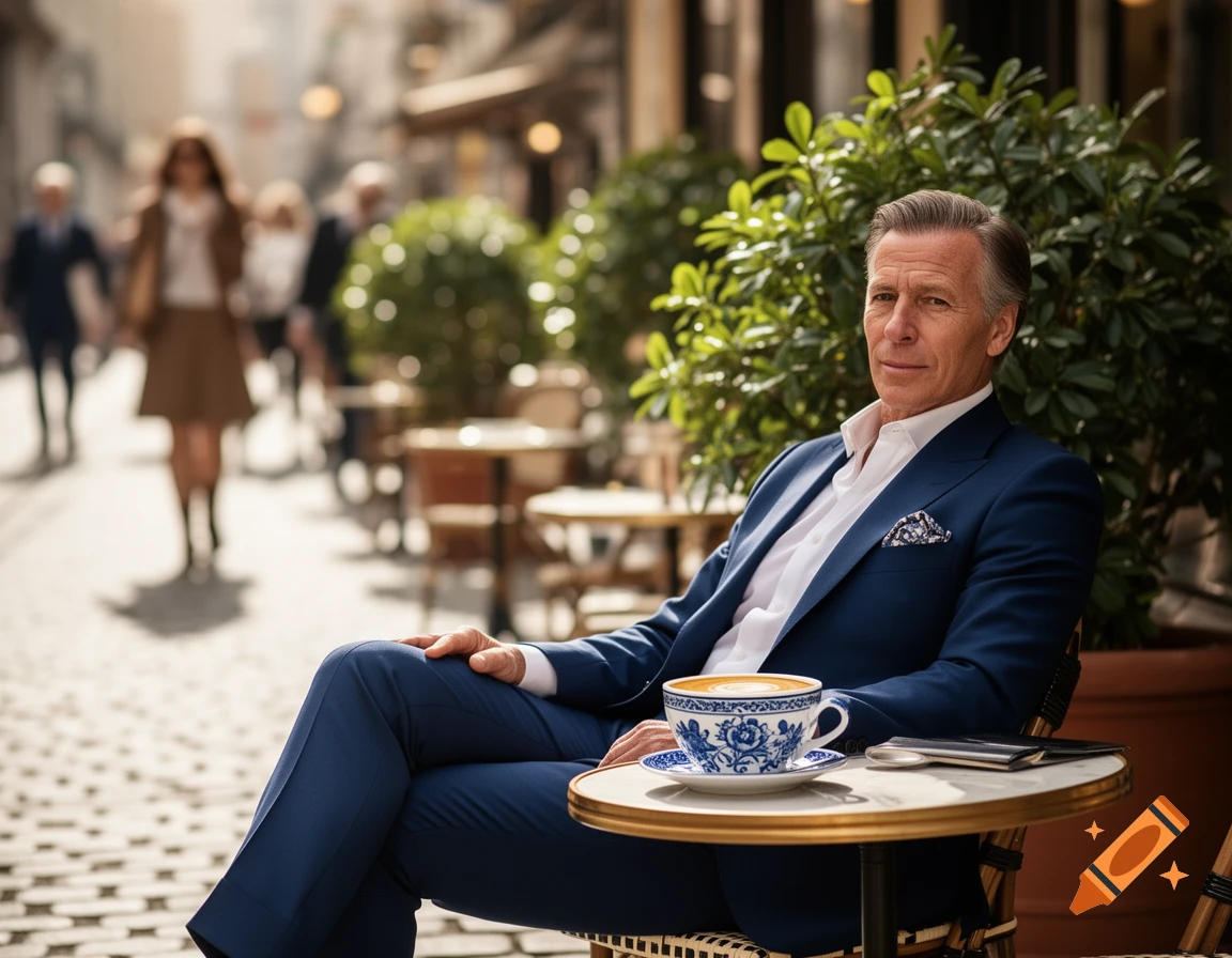 A well-dressed man in a blue suit sips coffee at an outdoor cafe on a sunny street.
