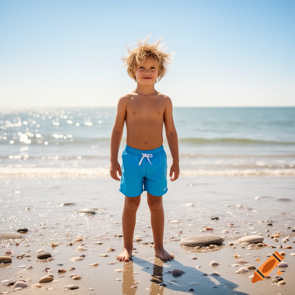 Young boy with messy blonde hair wearing blue swim shorts stands on a sunny sandy beach, with the ocean in the background, photorealistic.